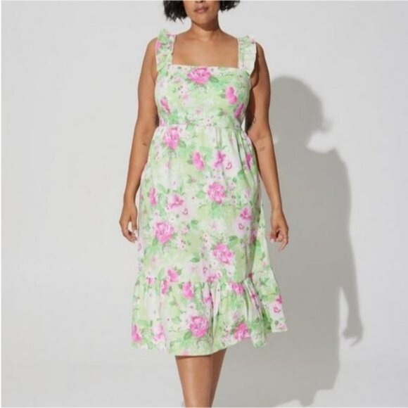 Torrid Green Floral Poplin Tiered Ruffle Strap Midi Dress 4X - Picture 1 of 10